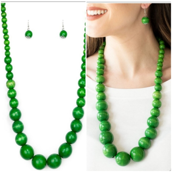 EFFORTLESSLY EVERGLADES GREEN WOODEN NECKLACE/EARR